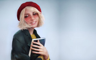 Woman red hat glasses smiling - a laptop free wallpaper