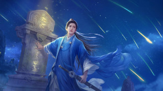 Woman blue dress sword statue - star and a sky background free wallpaper