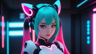 Futuristic greenhair neon cyberpunk ears - a neon background free wallpaper