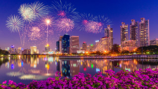 City skyline lake fireworks flowers - hurufiyya free wallpaper