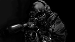 Man gasmask gun blackwhite photorealism - a man in a gas mask holding free wallpaper