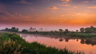 River trees grass sunset foggy - a foggy sky free wallpaper