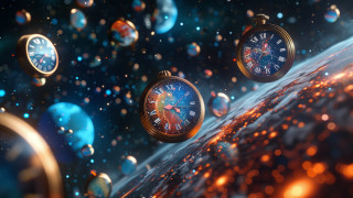 Floating clocks planet star bubbles - 8 k free wallpaper