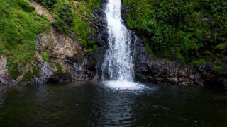 Waterfall surrounded by trees bushes - a waterfall in the middle of it free wallpaper