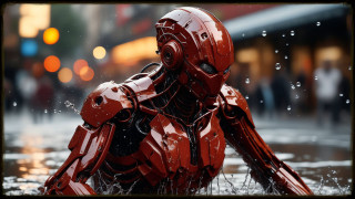 Red robot street rain cyberpunk - cedric seaut keos masons free wallpaper