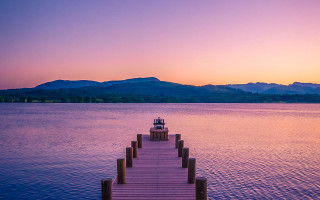 Dusk mountain lake boat pink - lake free wallpaper