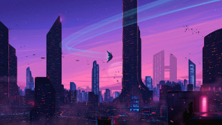 City skyline night purple aurora - retrofuturism free wallpaper