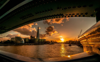 City skyline water sunset bridge - wide angle len free wallpaper for desktop
