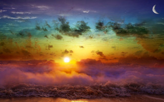 Sunset water clouds moon city - colorful cloud free wallpaper