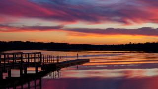Lake dock sunset bridge city - a dock free wallpaper for desktop