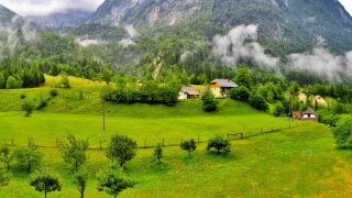 Green field house mountains clouds - danube school free wallpaper