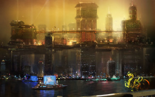 Afrofuturism cityscape bridge river night - light in the middle free wallpaper