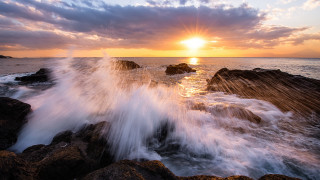 Large wave crashing sunset ocean - the ocean shore free wallpaper