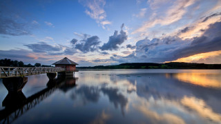 Bridge lake sunset hut clouds - the dock free wallpaper