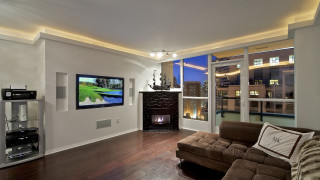 Livingroom couch flatscreentv fireplace ambientlight - ambient lighting free wallpaper for desktop