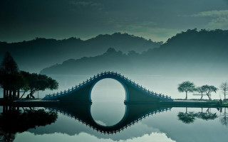 Bridge mountains lake forest moon - symmetrical free wallpaper