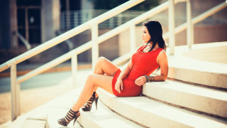 Woman red dress stairs sitting - a set of stairs free wallpaper