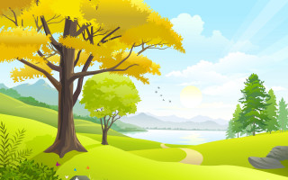 Scenic green landscape lake trees - and a bird free wallpaper for desktop