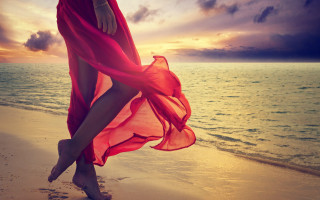 Woman red dress beach sunset 2 - her foot free wallpaper