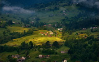 Green hillside houses clouds trees - house free wallpaper