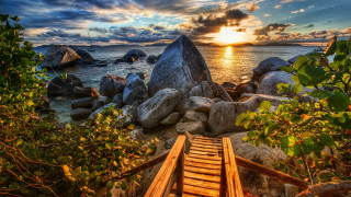Wooden staircase beach sunset rocky 2 - a rocky shoreline free wallpaper