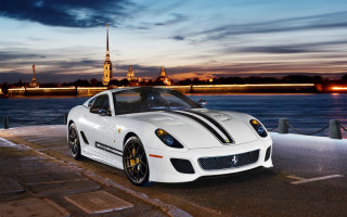 White sports car night water - city background free wallpaper for desktop