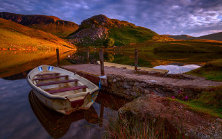 Dawn lake mountains boat bridge - david paton free wallpaper for desktop