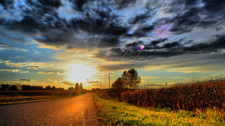 Sunset road field trees clouds 2 - a sun free wallpaper