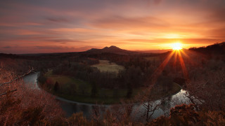 Sunset river mountains trees grass - david paton free wallpaper