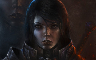 Woman sword armor fantasy portrait - her hand and a man in the background free wallpaper