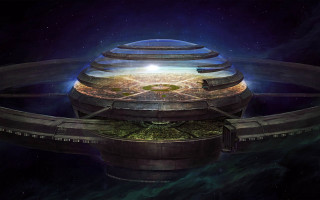 Futuristic space station green field - a green field in the foreground free wallpaper