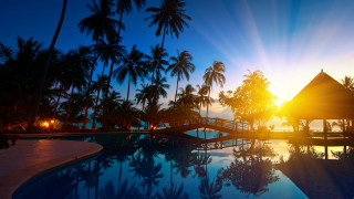 Sunset pool palm trees gazebo - sun free wallpaper for desktop