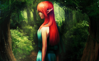 Red haired elf forest night - the ground and trees free wallpaper