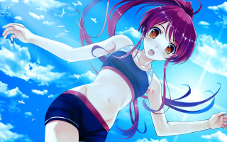 Pink haired girl flying outstretched - blue sky free wallpaper