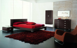 Red bed brown chair mirror - a bedroom free wallpaper