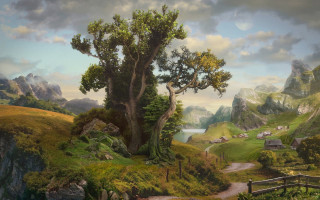Fantasy mountain lake village tree - a painting of a tree free wallpaper
