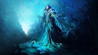 Woman blue dress forest glowing - fantasy artwork free wallpaper
