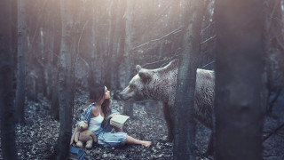 Woman bear forest illustration snow - free animals wallpaper