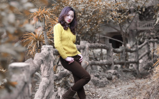 Woman yellow sweater brown pants - a yellow sweater free wallpaper