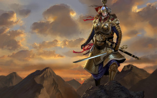 Mountain sunset fantasy armor sword - dai jin free wallpaper