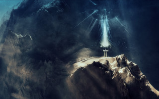 Mountain light clouds star fantasy - a painting of a mountain free wallpaper