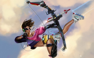 Woman flying kite cyberpunk retrofuturism - a sky background behind her free wallpaper