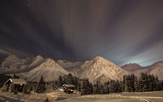 Snowy mountain cabin forest night - a few snow covered trees free wallpaper