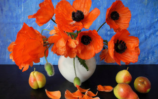 Orange flowers apples still life - impressionist painting free wallpaper