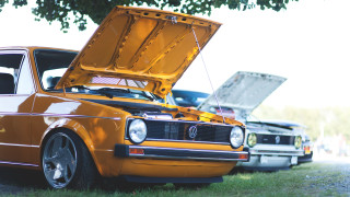 Yellow car hood open grass - retro free wallpaper