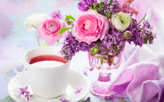 Tea vase flowers stilllife impressionism - cloth free wallpaper
