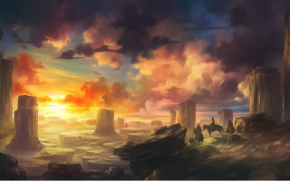 Sunset cliff fantasy matte sky - a painting of a sunset free wallpaper