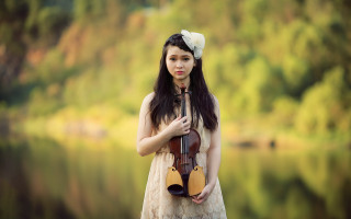 Woman violin lake trees magic - a violin free wallpaper for desktop