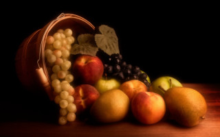 Basket fruit table grapes peaches - photorealistic imagery free wallpaper