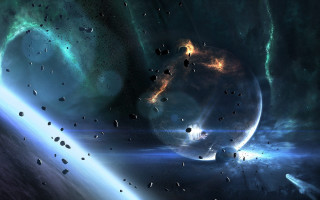 Space planet starcluster mattepainting citylights - a space scene free wallpaper for desktop